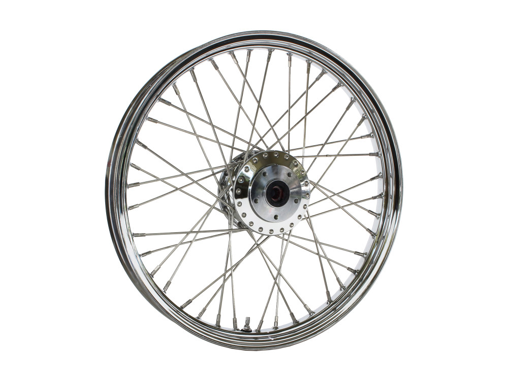 21in. x 2.15in. 40 Spoke Cross Laced Front Wheel - Chrome. Fits FX Softail 2000-2006 & Dyna Wide Glide 2000-2005.