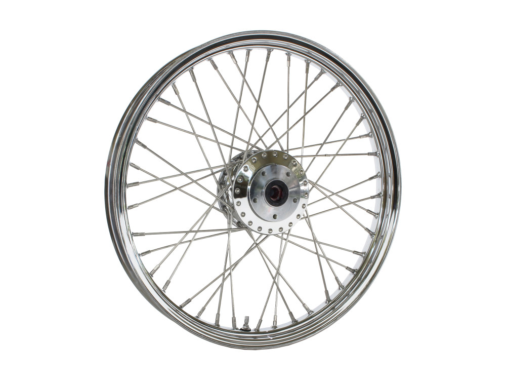 21in. x 2.15in. 40 Spoke Cross Laced Front Wheel - Chrome. Fits Dual Disc FX Softail 2000-2010 & Dyna Wide Glide 2000-2005.