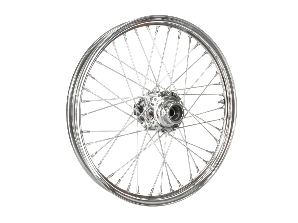 21in. x 2.15in. 40 Spoke Cross Laced Front Wheel - Chrome. Fits Sportster 2000-2007 & Dyna 2000-2005.