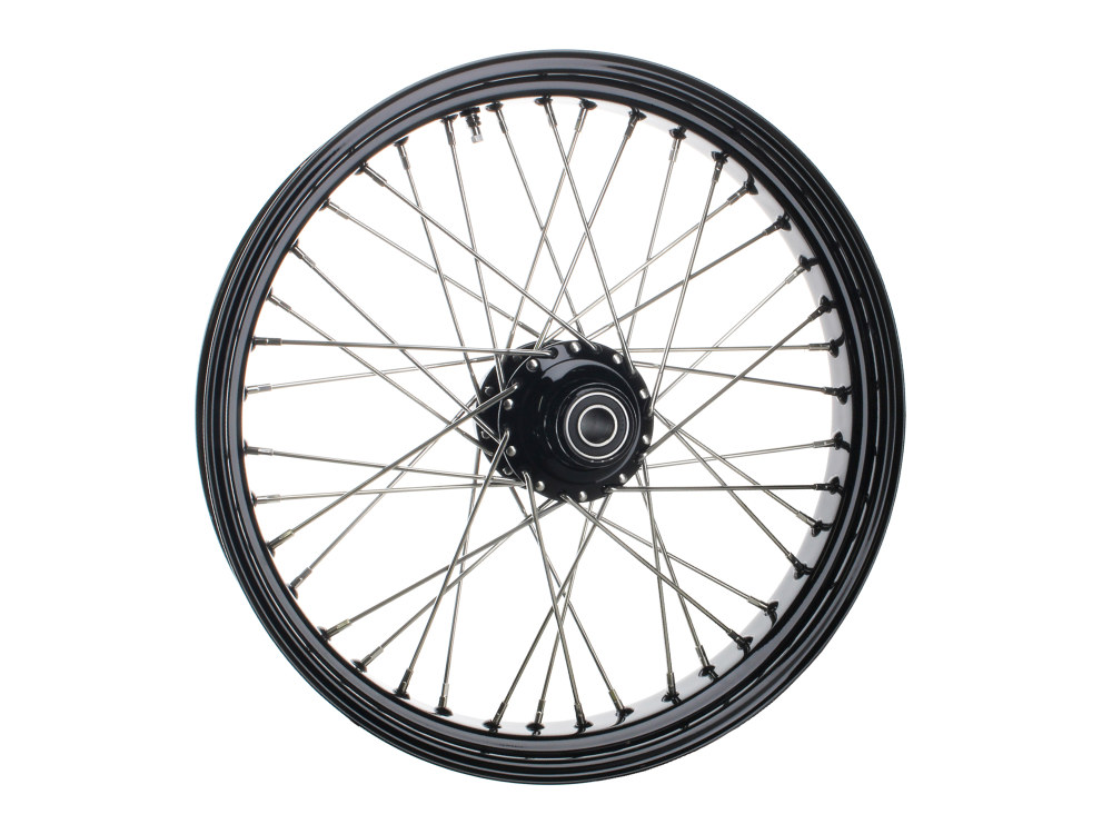 21in. x 3.5in. 40 Spoke Cross Laced Front Wheel – Gloss Black & Chrome. Fits FL Softail 2011up