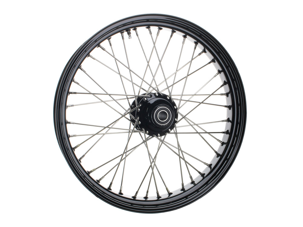 21in. x 3.5in. 40 Spoke Cross Laced Front Wheel - Gloss Black & Chrome. Fits Softail Heritage 2011up, Deluxe 2011-2020, Slim 2012-2021 & Fatboy 2011-2017