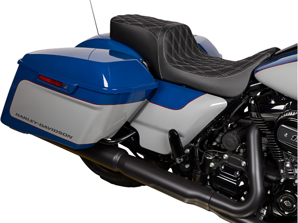Drag Specialties Performance Predator 2up Dual Seat with Silver Double Diamond Lattice Stitch. Fits Most Touring 2008-2024