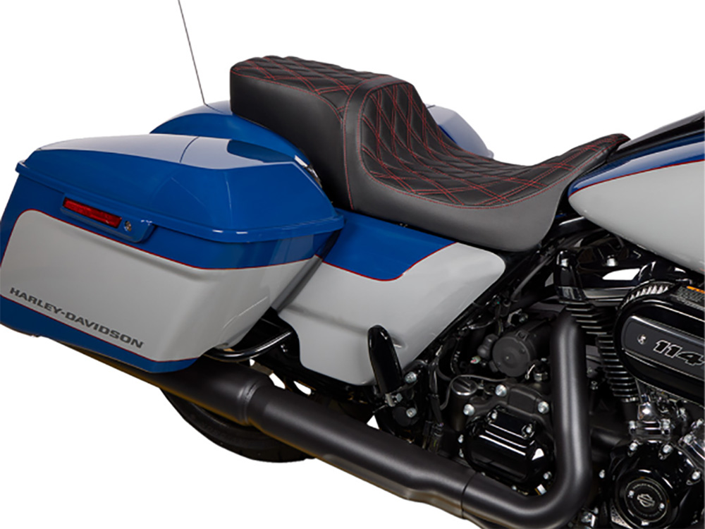 Drag Specialties Performance Predator 2up Dual Seat with Red Double Diamond Lattice Stitch. Fits Most Touring 2008-2024