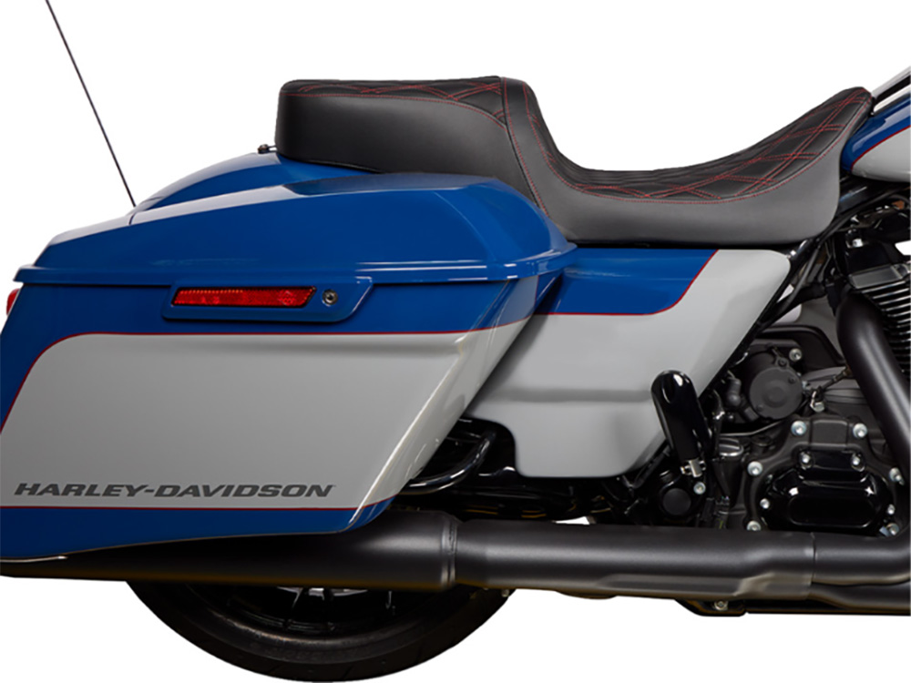 Drag Specialties Performance Predator 2up Dual Seat with Red Double Diamond Lattice Stitch. Fits Most Touring 2008-2024