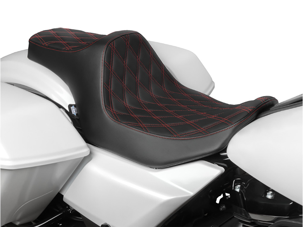 Drag Specialties Predator 3 Dual Seat with Red Double Diamond Lattice Stitch. Fits CVO Touring 2023up, Street Glide & Road Glide 2024up, Touring 2025up