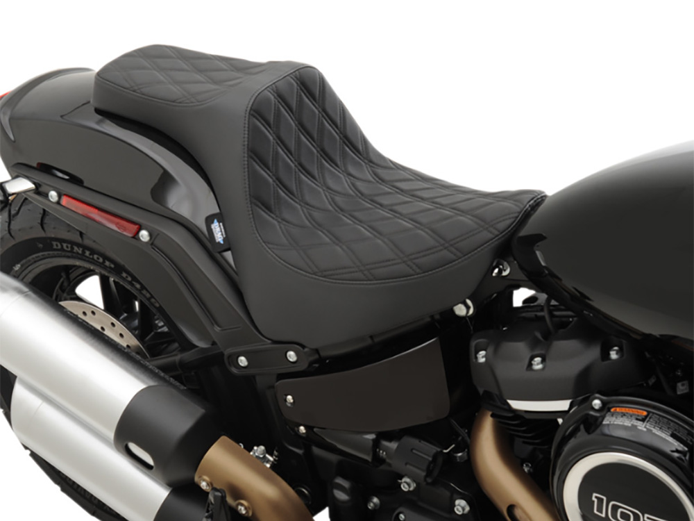 Drag Specialties Predator 3 Dual Seat with Black Double Diamond Lattice Stitch. Fits Fat Bob 2018-2024
