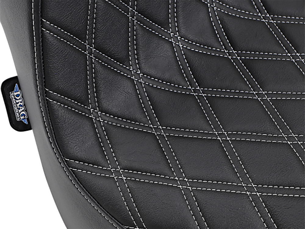 Drag Specialties Predator 3 Dual Seat with Silver Double Diamond Lattice Stitch. Fits Fat Bob 2018-2024