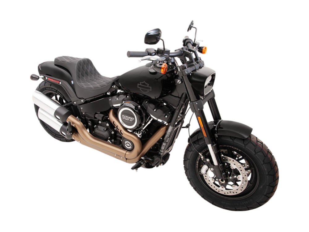 Drag Specialties Predator 3 Dual Seat with Silver Double Diamond Lattice Stitch. Fits Fat Bob 2018-2024