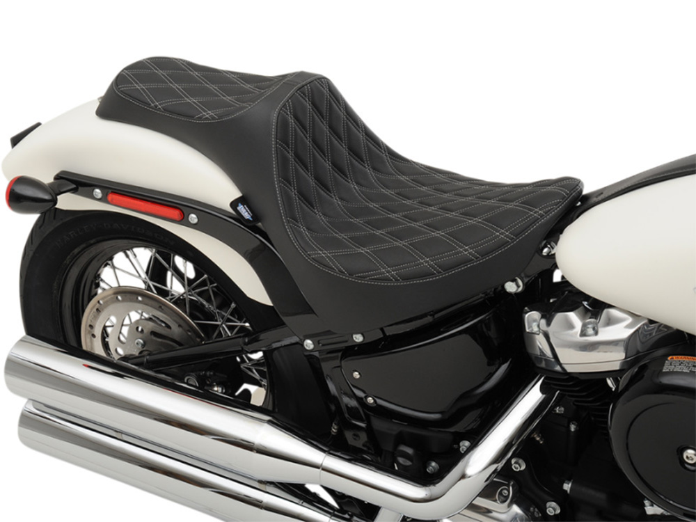 Drag Specialties Predator 3 Dual Seat with Silver Double Diamond Lattice Stitch. Fits Softail Deluxe, Heritage Softail, Slim & Street Bob 2018up & Standard 2020up