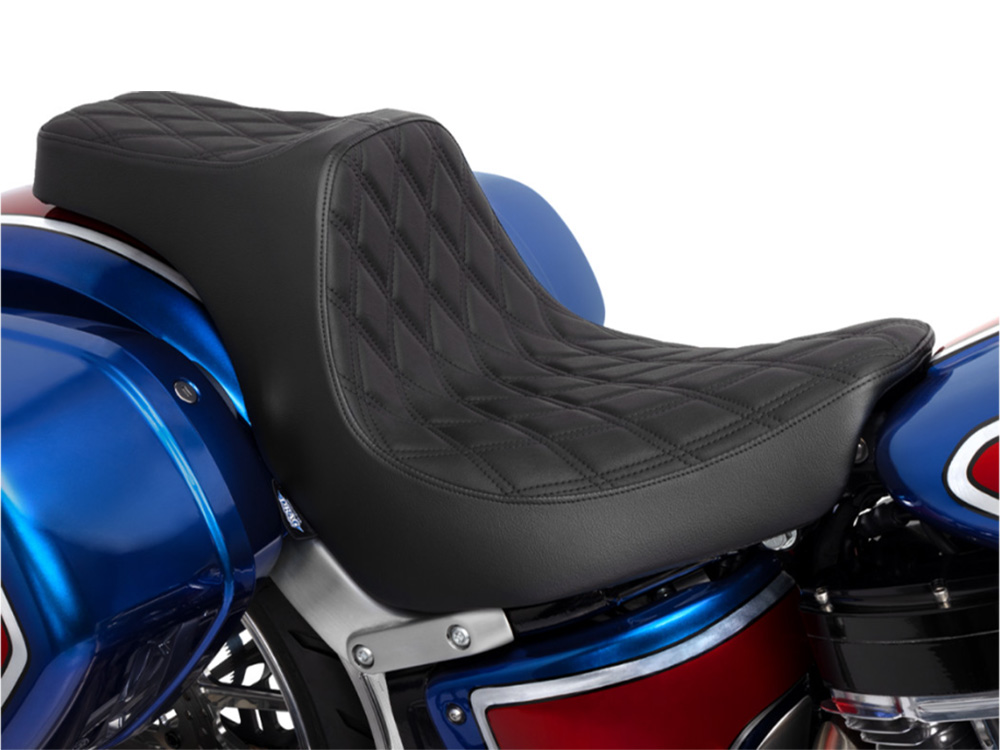 Drag Specialties Predator 3 Dual Seat with Black Double Diamond Lattice Stitch. Fits Sport Glide & Low Rider 2018up, Low Rider S 2020up & Low Rider ST 2022up