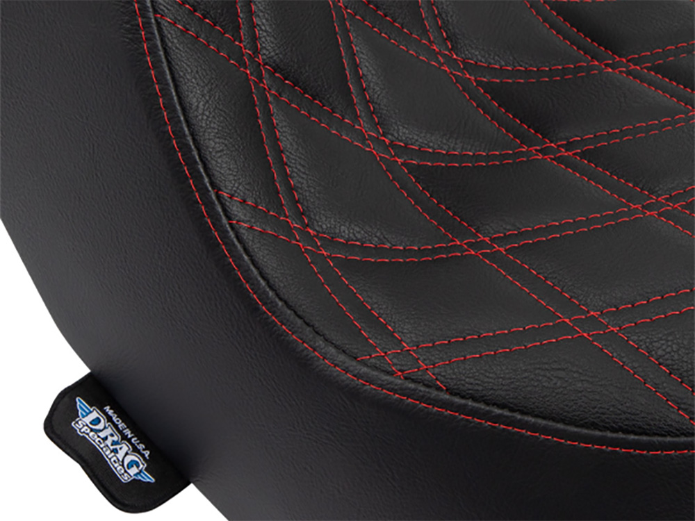 Drag Specialties Predator 3 Dual Seat with Red Double Diamond Lattice Stitch. Fits Sport Glide & Low Rider 2018up, Low Rider S 2020up & Low Rider ST 2022up
