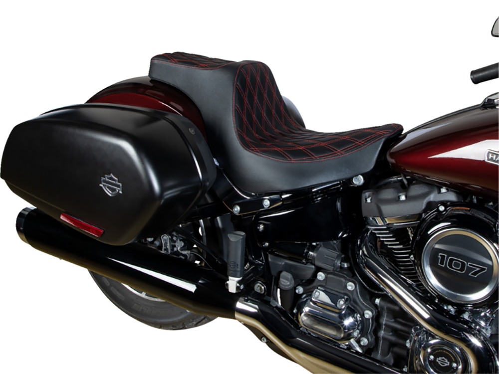 Drag Specialties Predator 3 Dual Seat with Red Double Diamond Lattice Stitch. Fits Sport Glide & Low Rider 2018up, Low Rider S 2020up & Low Rider ST 2022up