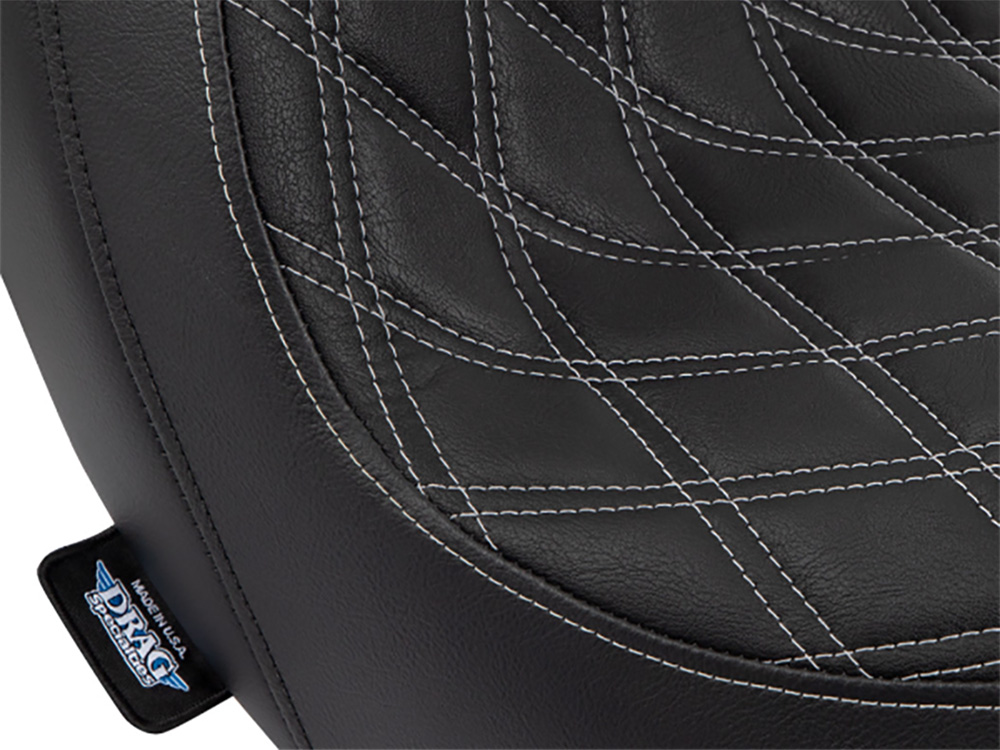 Drag Specialties Performance Predator Dual Seat with Silver Double Diamond Lattice Stitch. Fits Sport Glide & Low Rider 2018up, Low Rider S 2020up & Low Rider ST 2022up