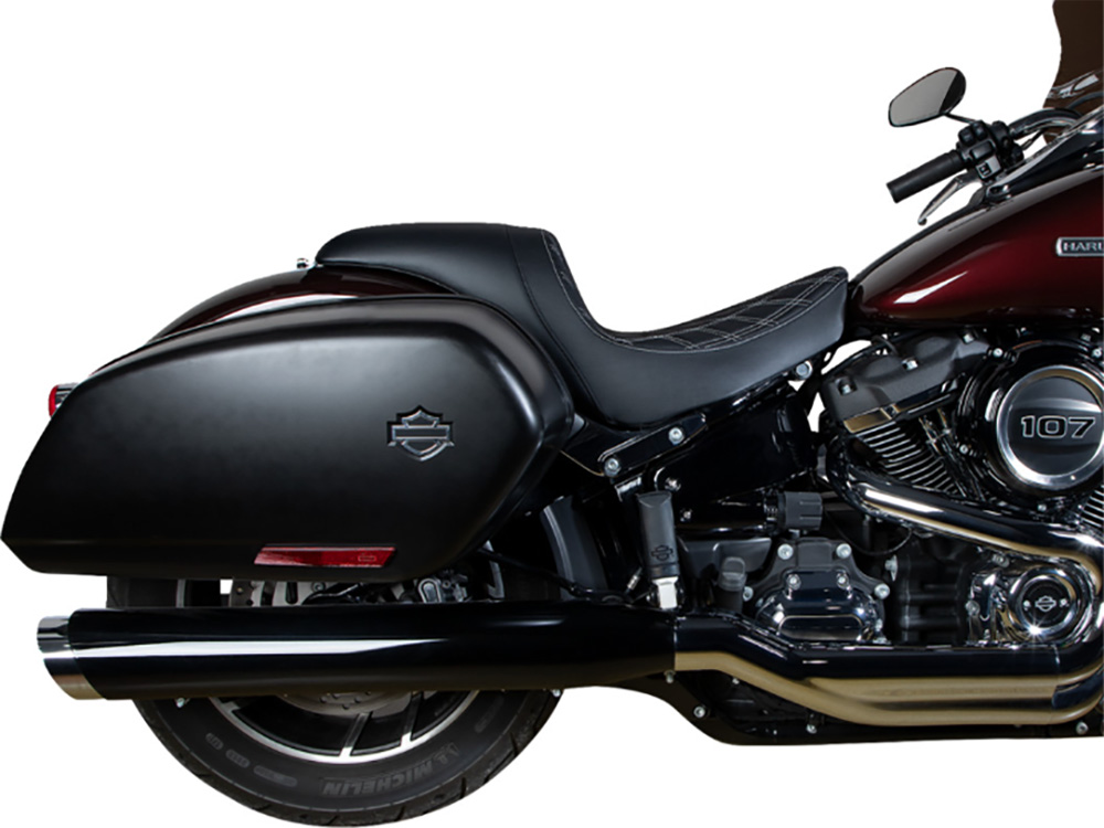 Drag Specialties Performance Predator Dual Seat with Silver Double Diamond Lattice Stitch. Fits Sport Glide & Low Rider 2018up, Low Rider S 2020up & Low Rider ST 2022up