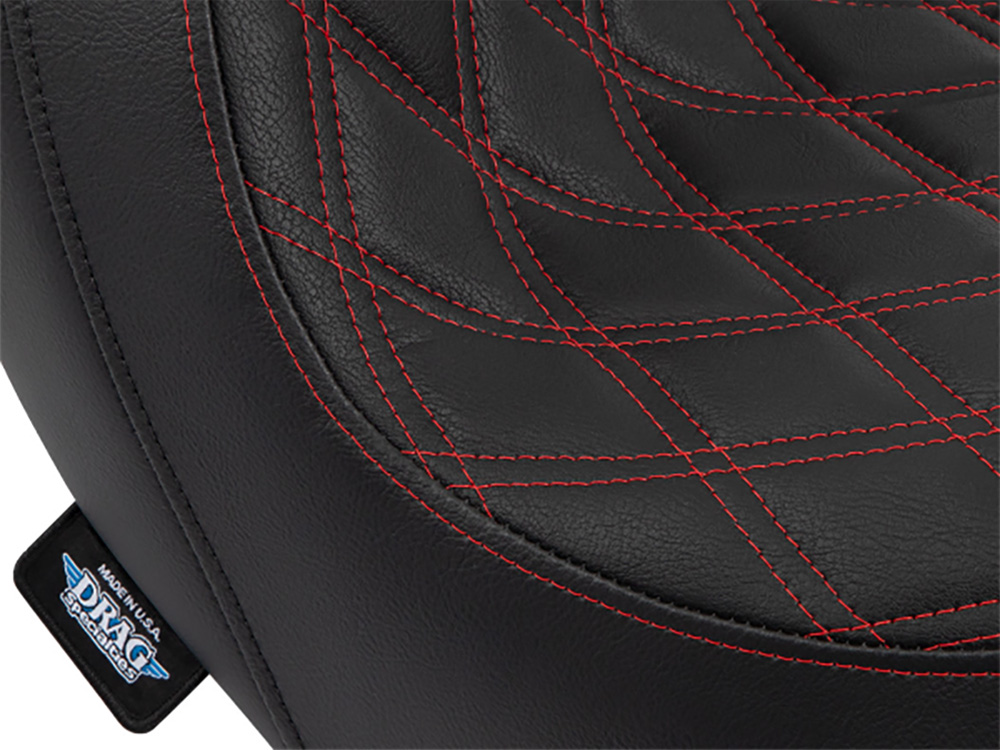 Drag Specialties Performance Predator Dual Seat with Red Double Diamond Lattice Stitch. Fits Sport Glide & Low Rider 2018up, Low Rider S 2020up & Low Rider ST 2022up