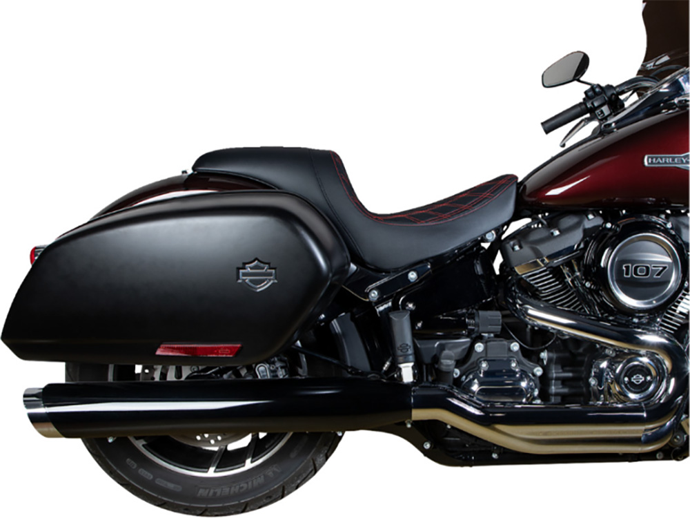 Drag Specialties Performance Predator Dual Seat with Red Double Diamond Lattice Stitch. Fits Sport Glide & Low Rider 2018up, Low Rider S 2020up & Low Rider ST 2022up