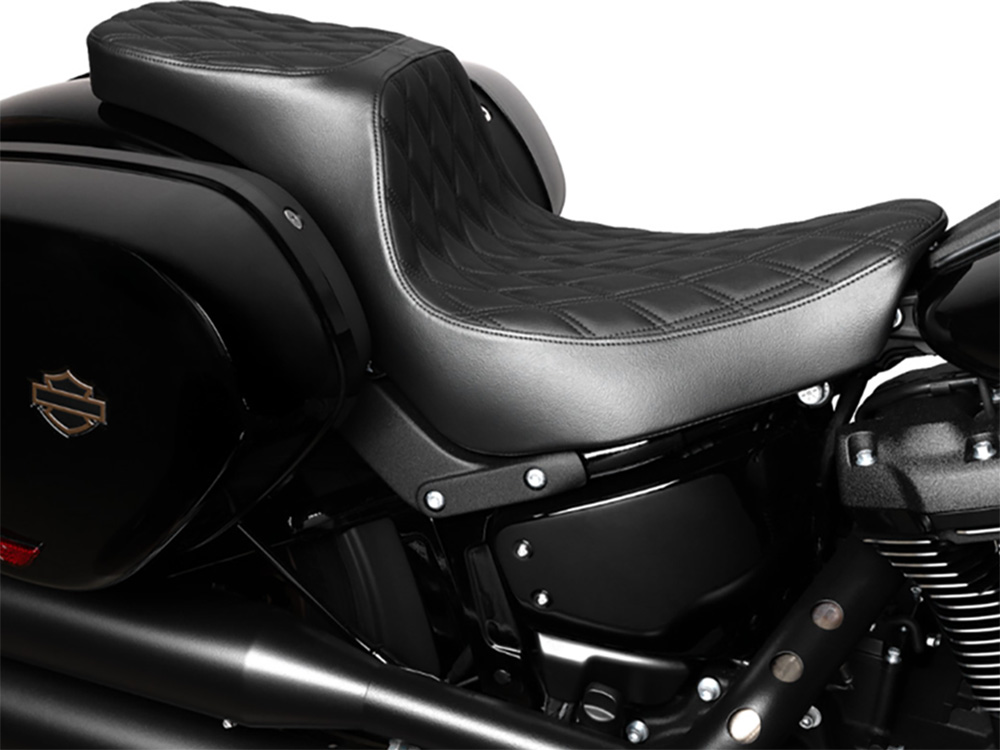 Drag Specialties Performance Predator 2up Dual Seat with Black Double Diamond Lattice Stitch. Fits Sport Glide & Low Rider 2018up, Low Rider S 2020up & Low Rider ST 2022up