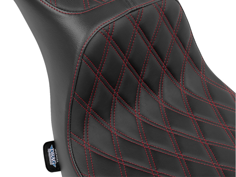 Drag Specialties Performance Predator 2up Dual Seat with Red Double Diamond Lattice Stitch. Fits Sport Glide & Low Rider 2018up, Low Rider S 2020up & Low Rider ST 2022up