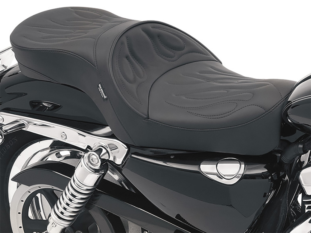 Drag Specialties Low Profile Dual Touring Seat with Flame Stitch. Fits Sportster 2004-2021