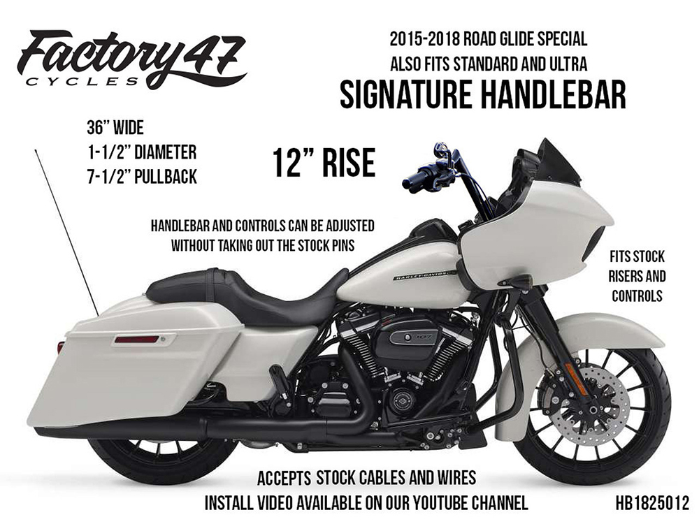 12in. x 1-1/2in. Signature Handlebar – Chrome. Fits Road Glide 2015-2023