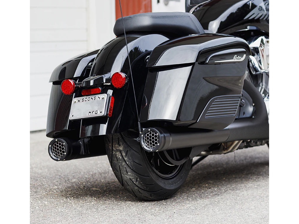 Grand Prix 4in. Slip-On Mufflers – Black. Fits Indian Big Twin 2014up with Hard Saddle Bags.