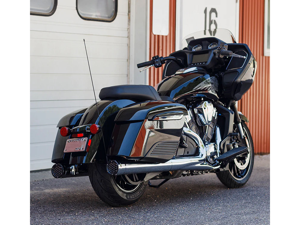 Grand Prix 4in. Slip-On Mufflers - Chrome. Fits Indian Big Twin 2014up with Hard Saddle Bags.