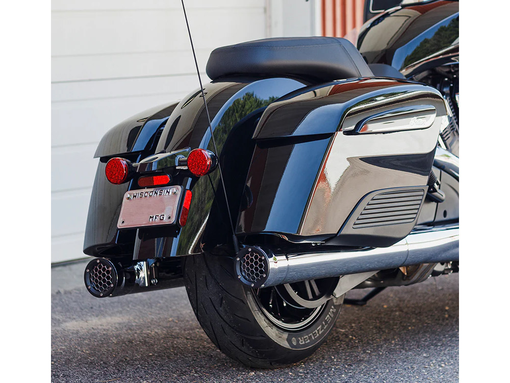 Grand Prix 4in. Slip-On Mufflers – Chrome. Fits Indian Big Twin 2014up with Hard Saddle Bags.