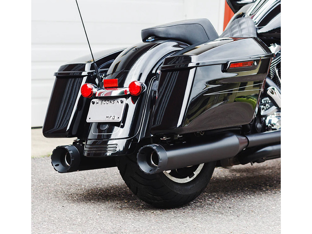 4-1/2in. Monarch Slip-On Mufflers – Black with Black End Caps. Fits Touring 1995-2016.