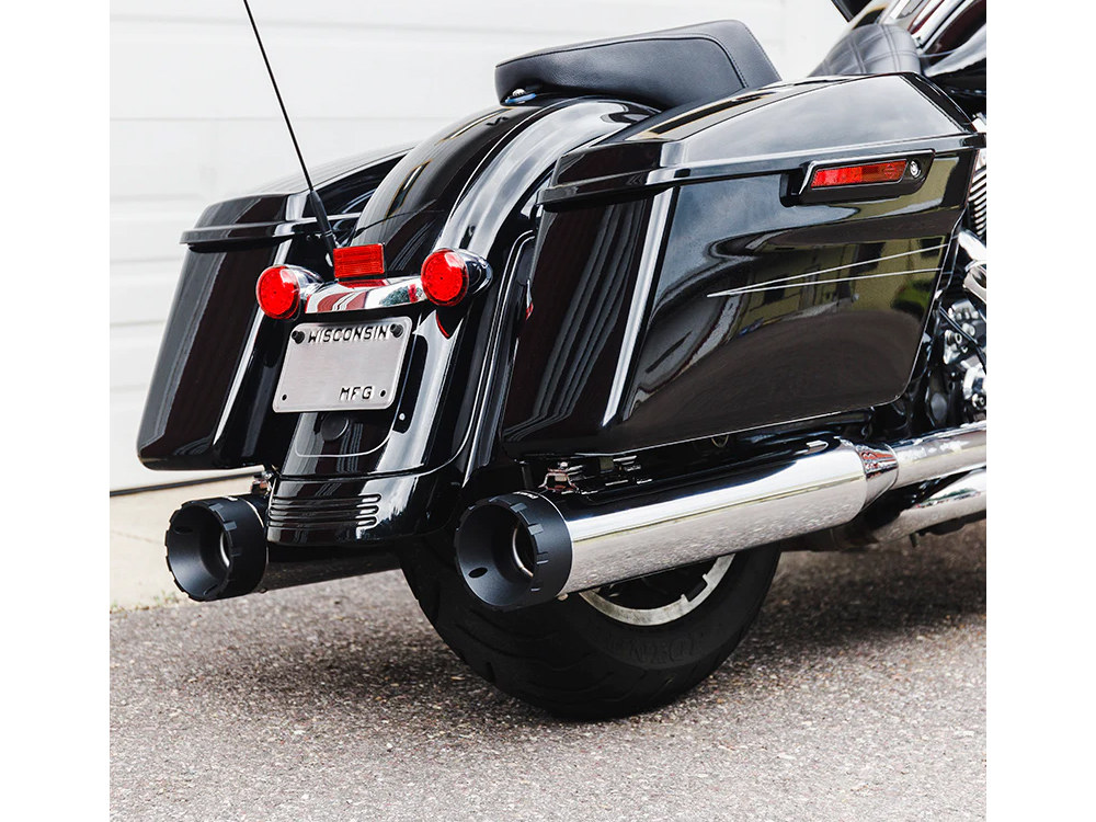 4-1/2in. Monarch Slip-On Mufflers – Chrome with Black End Caps. Fits Touring 1995-2016.