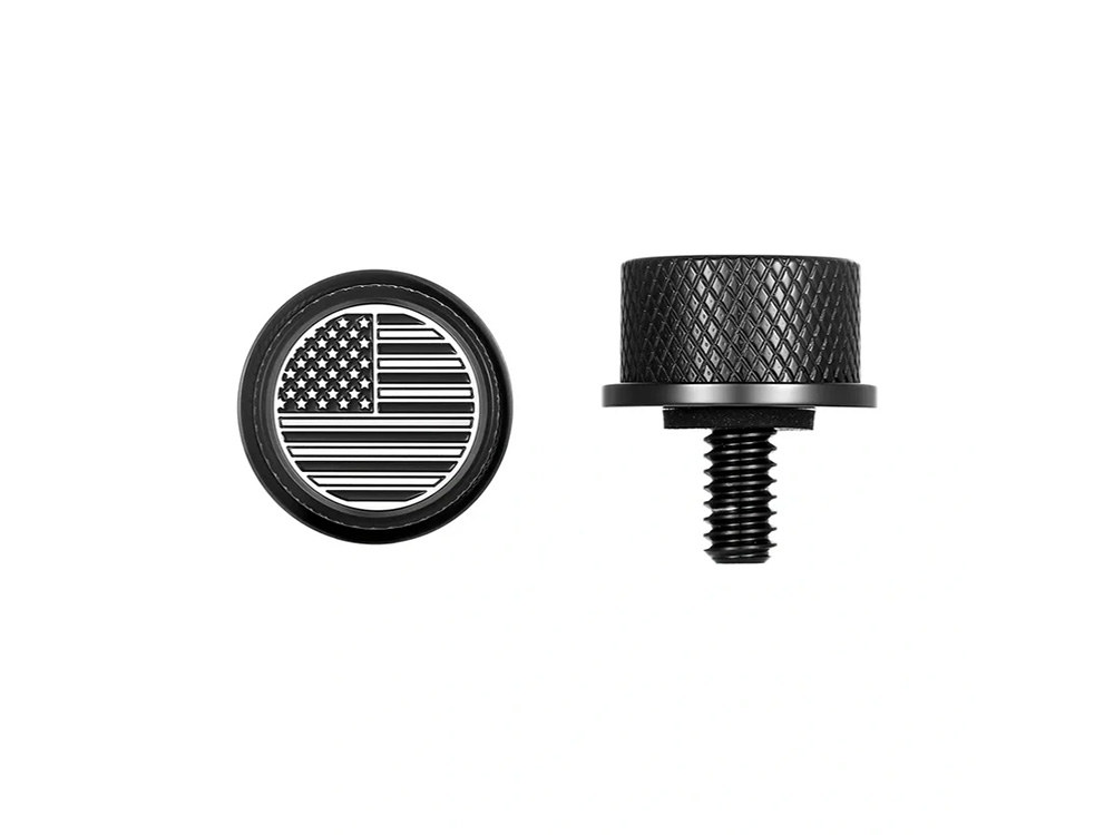 1/4in.-20 Knurled Seat Mount Screw - Black with American Flag. Fits H-D 1996up