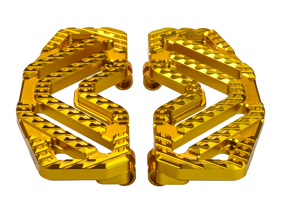 Savage Series Rider Floorboards - Gold. Fits Touring 1980up, FL Softail 1986-2017 & Dyna Switchback 2012-2016