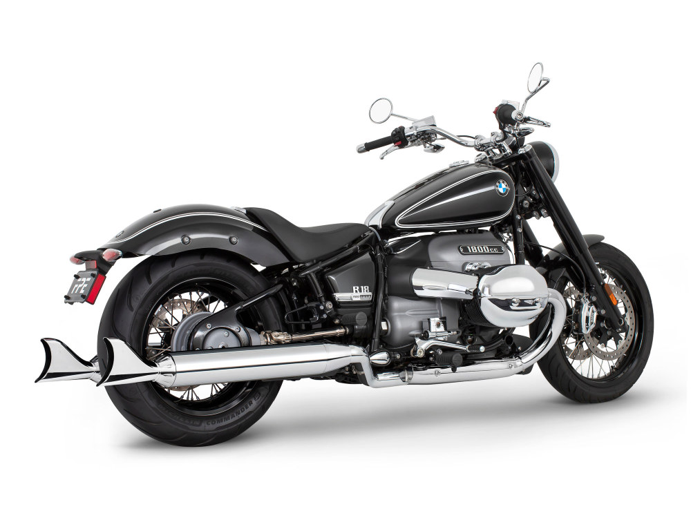 4.5in. Two-Step Slip-On Mufflers - Chrome with Sharktail Tips. Fits BMW R-18 2021up.