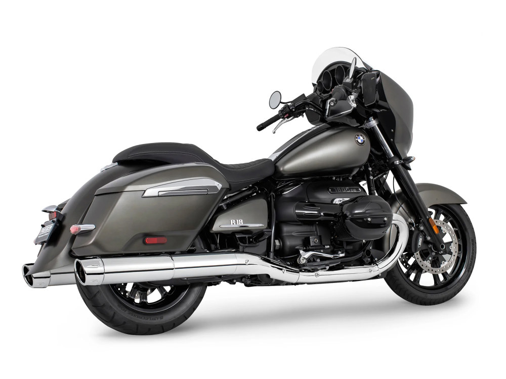 4.5in. Two-Step Slip-On Mufflers – Chrome with Chrome Combat Fluted Tips. Fits BMW R-18 B & R18 Transcontinental 2022up.