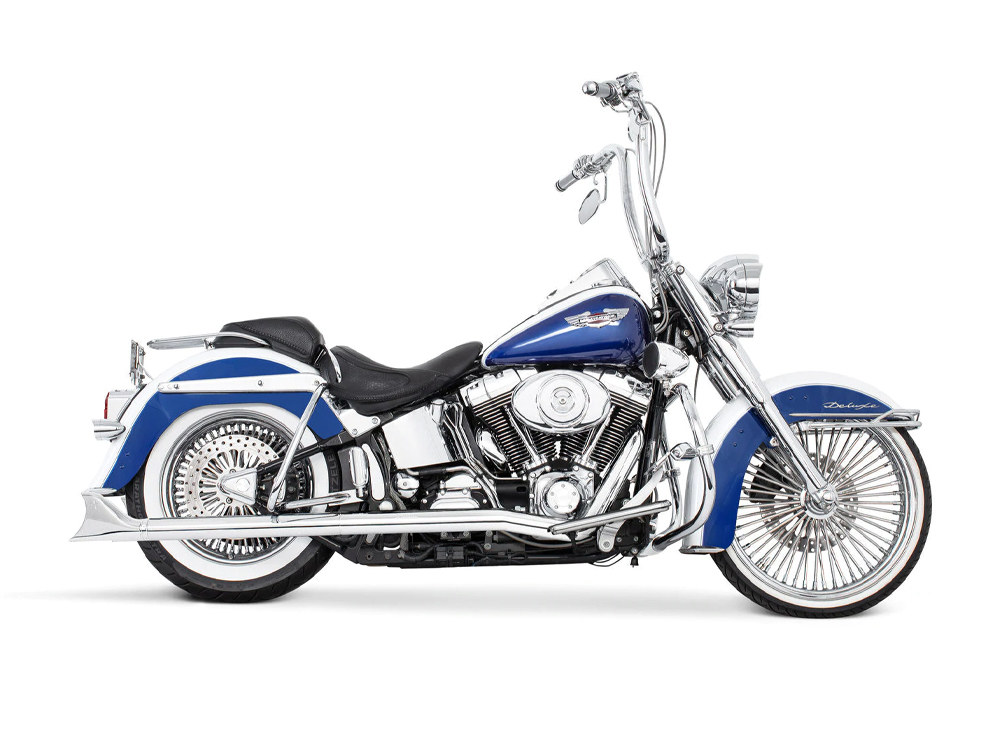 True Dual Exhaust - Chrome with Chrome Sharktail End Caps. Fits Softail 2007-2017. 