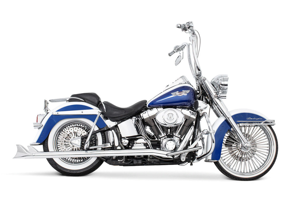 True Dual Exhaust - Chrome with Chrome Sharktail End Caps. Fits Softail 2007-2017. 
