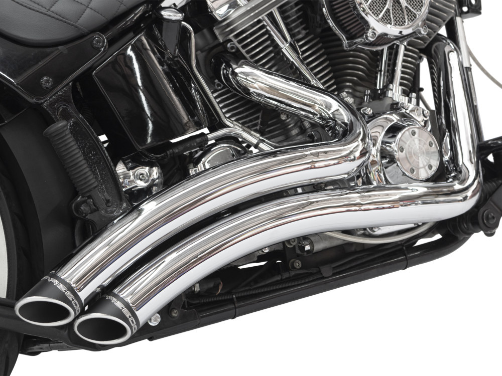 Sharp Curve Radius Exhaust - Chrome with Black End Caps. Fits Softail 1986-2017.