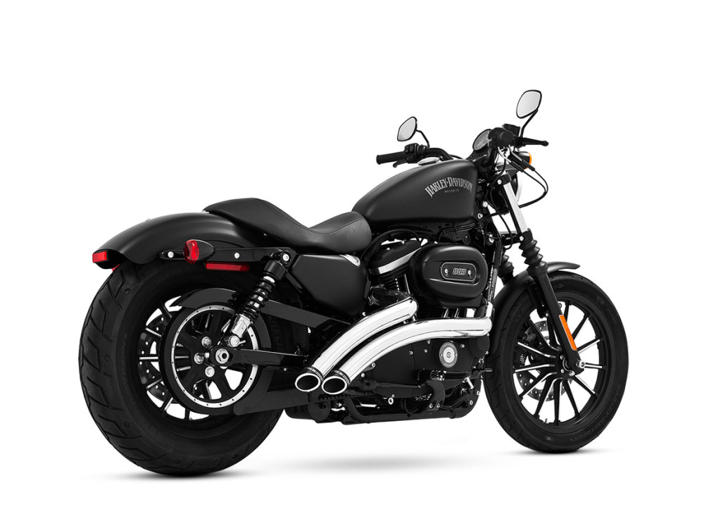Radical Radius Exhaust – Chrome with Black End Caps. Fits Sportster 1986-2021.