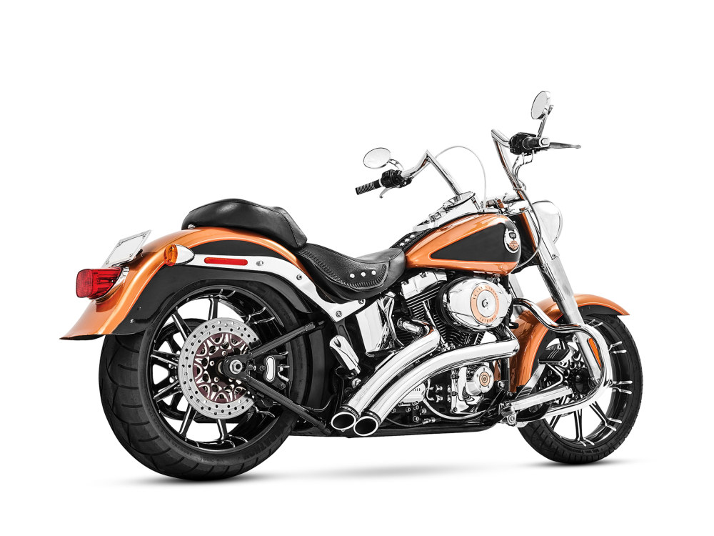 Radical Radius Exhaust – Chrome with Black End Caps. Fits Softail 1986-2017.