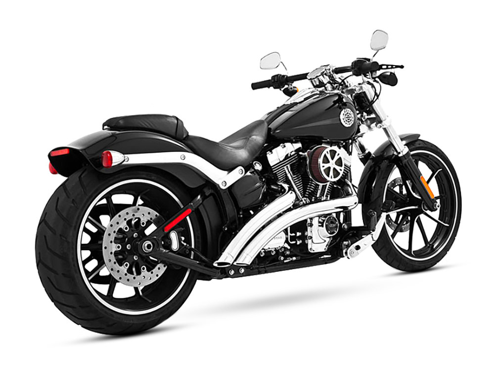 Radical Radius Exhaust - Chrome with Chrome End Caps. Fits Softail Breakout 2013-2017 & Rocker 2008-2011.