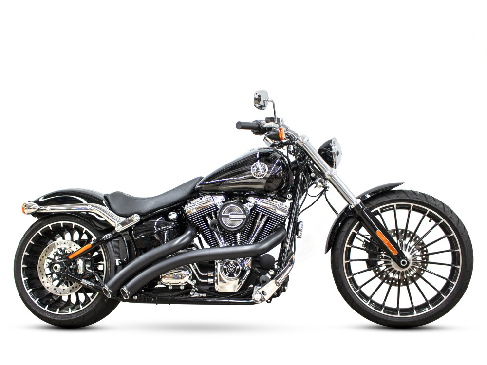 Radical Radius Exhaust – Black with Black End Caps. Fits Softail Breakout 2013-2017 & Rocker 2008-2011.