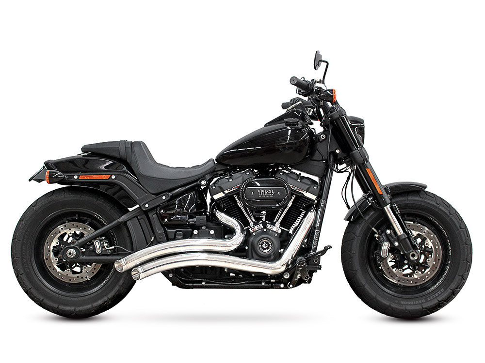 Sharp Curve Radius Exhaust - Chrome with Chrome End Caps. Fits Softail 2018up with Non-240 Rear Tyre - Freedom Performance Exhaust