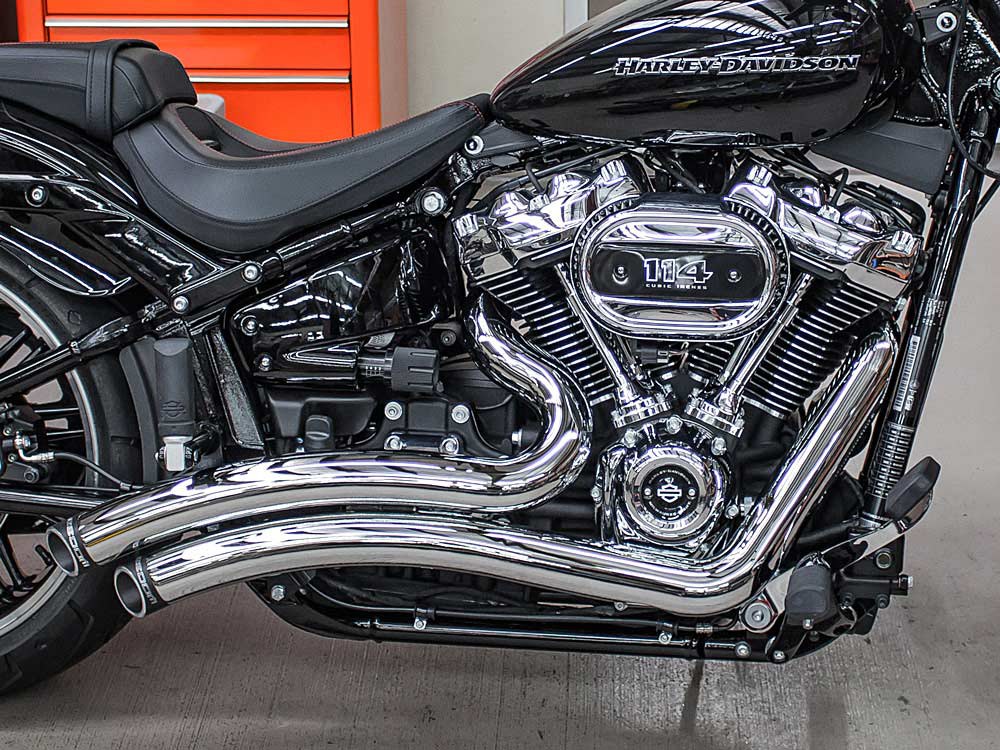 Sharp Curve Radius Exhaust - Chrome with Black End Caps. Fits Softail 2018up.