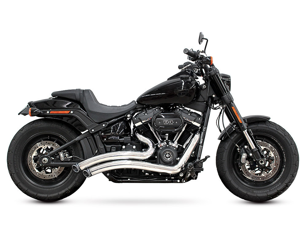 Sharp Curve Radius Exhaust - Chrome with Black End Caps. Fits Softail 2018up with Non-240 Rear Tyre - Freedom Performance Exhaust