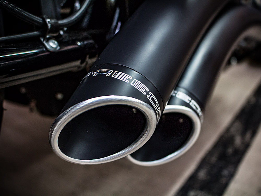 Sharp Curve Radius Exhaust - Black with Black End Caps. Fits Softail 2018up.
