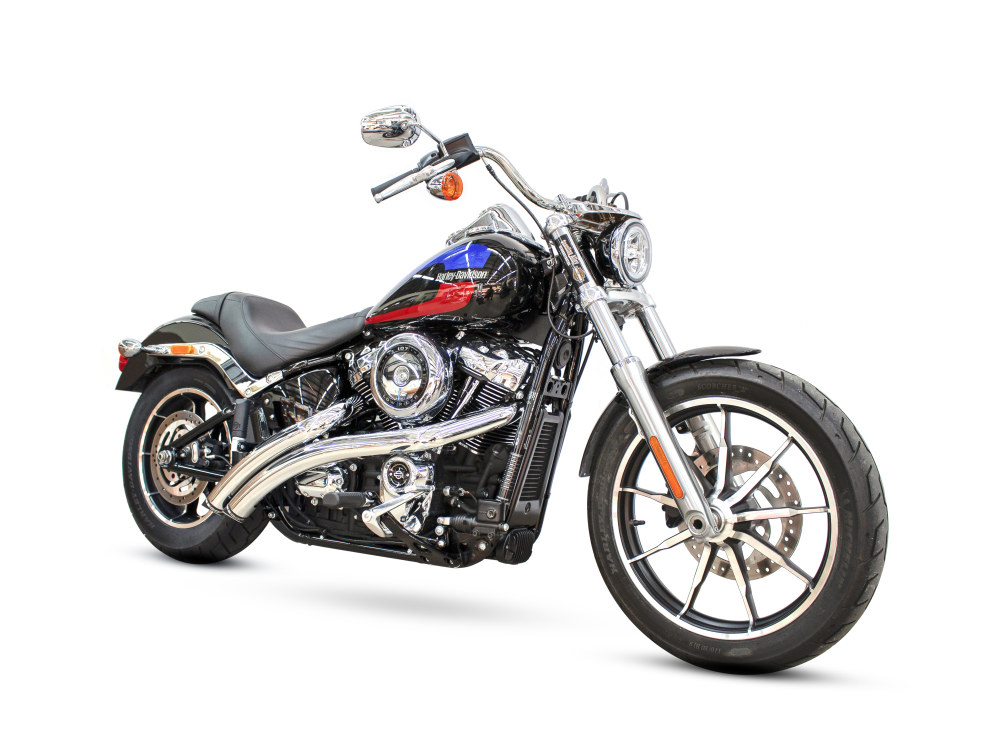 Radical Radius Exhaust – Chrome with Black End Caps. Fits Softail 2018up.