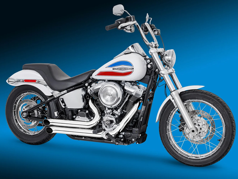 Declaration Turnouts Exhaust - Chrome. Fits Softail 2018up with Non-240 Rear Tyre - Freedom Performance Exhaust