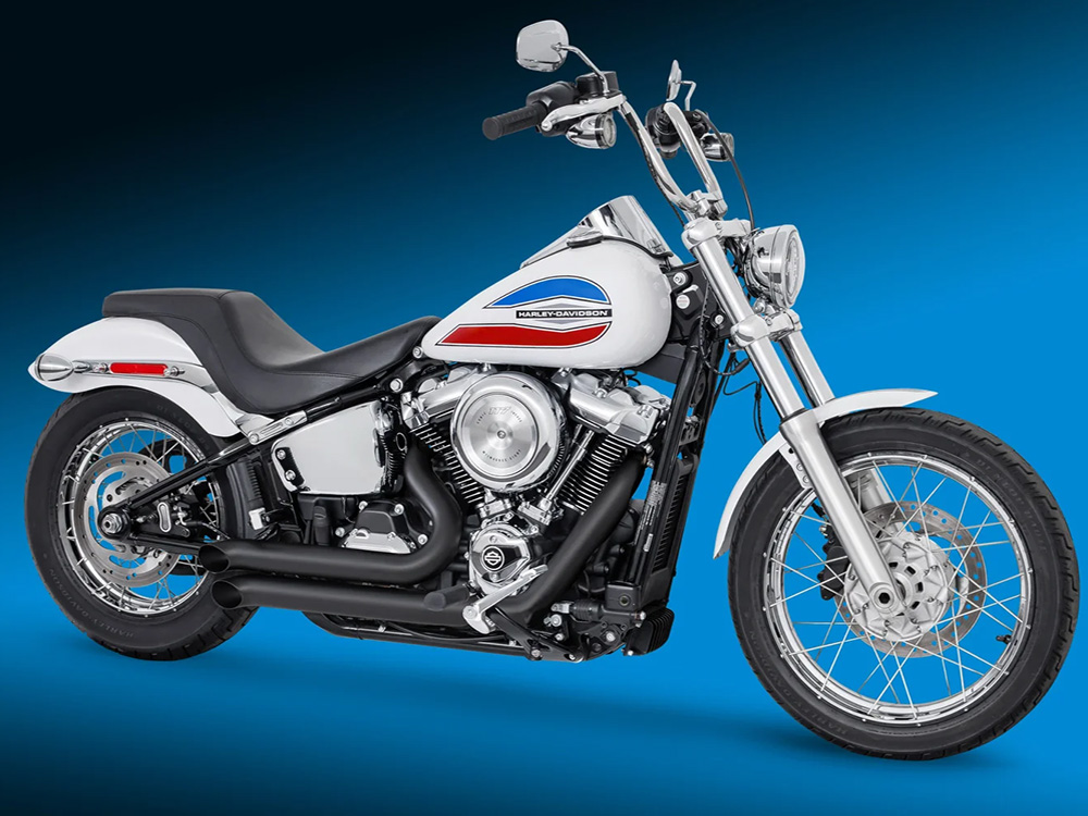 Declaration Turnouts Exhaust - Black. Fits Softail 2018up with Non-240 Rear Tyre - Freedom Performance Exhaust