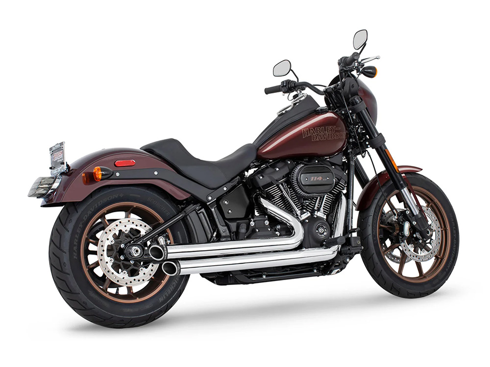Independence Staggered Slash Exhaust - Chrome with Black End Caps. Fits Softail 2018up with Non-240 Rear Tyre - Freedom Performance Exhaust