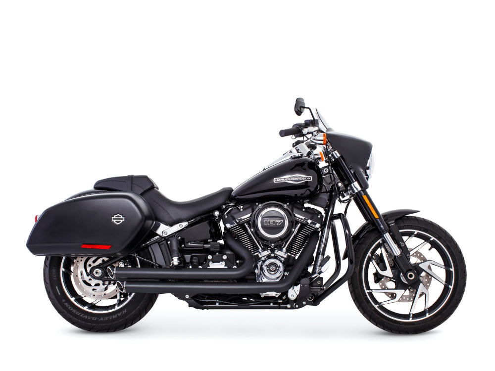 Independence Staggered Slash Exhaust - Black with Black End Caps. Fits Softail 2018up.
