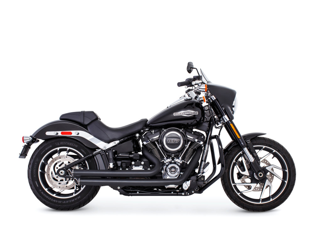 Independence Staggered Slash Exhaust – Black with Black End Caps. Fits Softail 2018up.